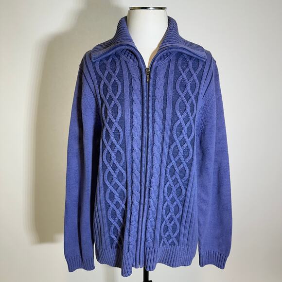 NWD Karen Scott Blue Cable Knit Fisherman Sweater Zip Up Womens Size Large L Y2K - Picture 1 of 12